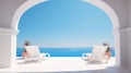 two sun beds on white terrace with arch. traditional mediterranean architecture under blue clear sky. Summer vacation background