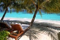 Sun loungers under palm trees on a beach in the Maldives Royalty Free Stock Photo