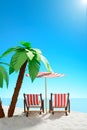 Two sun loungers under a palm tree on the sandy coast. Sky with copy space Royalty Free Stock Photo