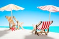 Two sun loungers under an umbrella on the sandy beach by the sea and the sky with copy space Royalty Free Stock Photo