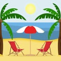 Two sunbeds with sun umbrella on the sandy beach with palm trees