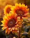 two sunflowers in a field with the sun shining on them Royalty Free Stock Photo
