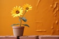 Two Sunflowers In A Pot On A Brick Wall