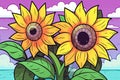 two sunflowers are on a purple background with clouds in the background