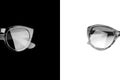 Two sunglasses black white background isolated close up, pair monochrome sunglass, men and women glasses, male and female eyeglass Royalty Free Stock Photo