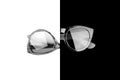 Two sunglasses black white background isolated close up, pair monochrome sunglass, men and women glasses, male and female eyeglass Royalty Free Stock Photo
