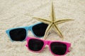 Two sunglasses and starfish on sand Royalty Free Stock Photo