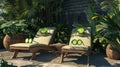 Two sungles are reclining on lounge chairs in a shady garden wearing cucumber slices on their lenses for a spalike