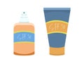 Two sunscreen bottles with SPF50 copy included, flat style, isolated on white background Royalty Free Stock Photo