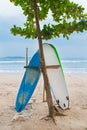 Two surf boards on sandy Weligama beach in Sri Lanka