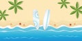 Two surfboards on the beach with palm trees and starfish Royalty Free Stock Photo