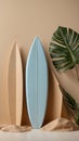 Two surfboards, one beige and one light blue, are artistically displayed against a neutral beige background. Royalty Free Stock Photo