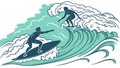 Two Surfers on Ocean Wave Dynamic Vector Art, vector design Generative AI Royalty Free Stock Photo