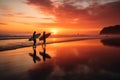 Surfers on the ocean at sunset by Generative AI Royalty Free Stock Photo