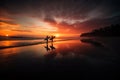 Surfers on the ocean at sunset by Generative AI Royalty Free Stock Photo