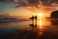 Surfers on the ocean at sunset by Generative AI Royalty Free Stock Photo