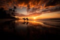 Surfers on the ocean at sunset by Generative AI Royalty Free Stock Photo