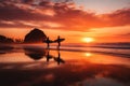 Surfers on the ocean at sunset by Generative AI Royalty Free Stock Photo