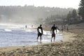 Two surfers walking along a beach