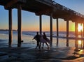 Two surfers walking under a beach pier, La Jolla, California, USA