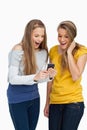 Two surprised students looking a cellphone screen Royalty Free Stock Photo