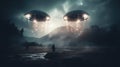 Two surreal UFOs with glowing lights interact with people in a dark field. Generative AI