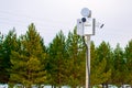 Two surveillance cams on top of a pole, seen from below against a blue sky