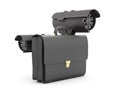 Two surveillance video cameras and business briefcase