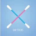 Two swabs, ear sticks in flat style on blue background. Medical tools, hygiene objects