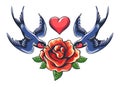 Two swallows holds rose flower