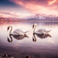 two swans on a beautiful pink lake. Generative AI