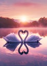 Two swans forming a heart shape with their necks on a tranquil lake as the sun sets. Love and romantic concept Royalty Free Stock Photo