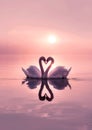 Two swans forming a heart shape with their necks on a tranquil lake as the sun sets