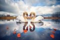 two swans, heart shape, under overcast sky