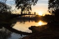 Two swans at the lake while people watch the sunset, Ibirapuera Park, Sao Paulo, Brazil