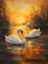 The two swans in the lake at sunset, with the oil painting in th