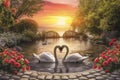 Two swans on the lake at sunset, romantic love concept Royalty Free Stock Photo