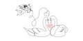 Two swans in love continuous with cupid line drawing. One line art of time of love, couple, heart, hugging, birds, angel