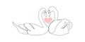 Two swans in love continuous with heart line drawing. One line art of time of love, couple, heart, hugging, birds, family, Royalty Free Stock Photo