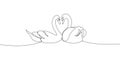Two swans in love continuous line drawing. One line art of time of love, couple, heart, hugging, birds, family, relationship, Royalty Free Stock Photo