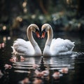 Two swans in love grace the water with elegance