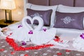 Two swans made from towels are kissing on honeymoon white bed.