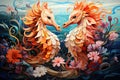 Two swans in the sea. Colorful painting on the water. AI Generated Generative AI