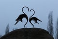 Two swans stand on a heart-shaped stone. Mother`s Day card, Valentine`s Day Valentine`s Day Royalty Free Stock Photo