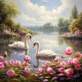 Two Swans Swimming in Lake Royalty Free Stock Photo