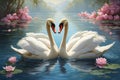 Two swans swimming on the lake with pink flowers in the background Royalty Free Stock Photo