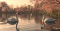 Two swans are swimming in a lake with pink trees, AI Royalty Free Stock Photo