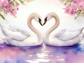 Two swans in a tender embrace, watercolor illustration. Valentine\'s Day card. With space for text. Generative AI Royalty Free Stock Photo