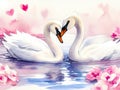 Two swans in a tender embrace, watercolor illustration. Valentine\'s Day card. With space for text. Generative AI Royalty Free Stock Photo