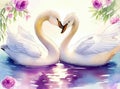 Two swans in a tender embrace, watercolor illustration. Valentine\'s Day card. With space for text. Generative AI Royalty Free Stock Photo